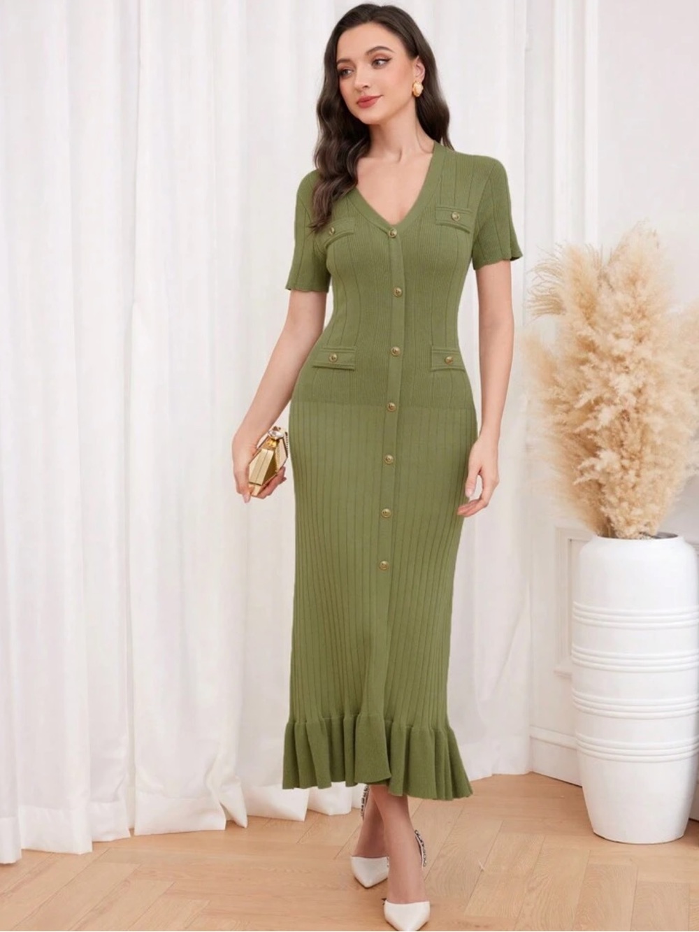Green Ribbed Button-Front V-Neck Dress